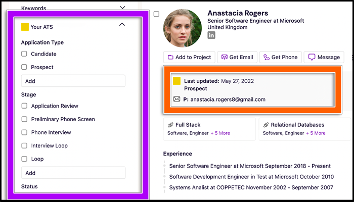 The Your ATS tab has a set of filters specific to your ATS (highlighted in purple below), and the candidate's status, job application, resume, and contact information from your applicant tracking system (highlighted in orange below)