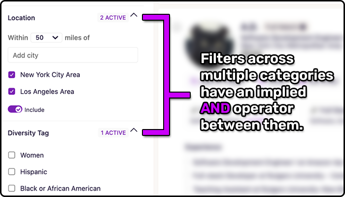 Screenshot of filters across multiple categories imply an AND statement