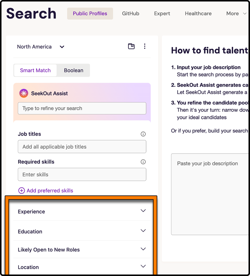 You will find your filters on the left side of the search page after selecting a talent pool, such as Public Profiles.