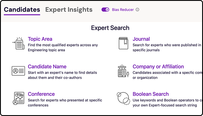 There are multiple ways to source from the expert talent pool: you can search by topic area, journal, candidate names, and more.