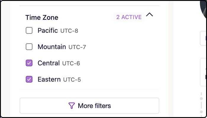 Screenshot of time zone filter in filters section of application
