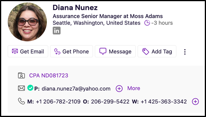 The letters next to each piece of contact info illustrate what kind of info it is. Hover your mouse over a number or address to see more information, if available.