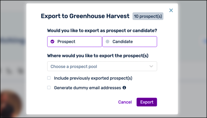 Select Prospect to export as prospects to a prospect pool or Candidate to export to a job posting.