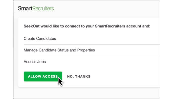 Screenshot of allowing access to SeekOut within SmartRecruiters