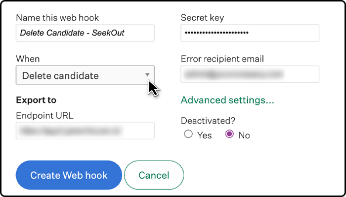 Your SeekOut CSM or support rep will provide the endpoint url, secret key, and error recipient email you should use for your webhooks.