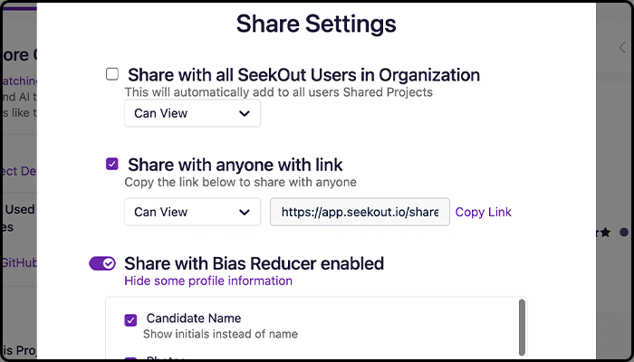 Screenshot of share settings with bias reduction enabled