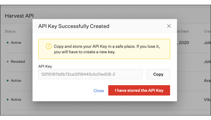 Screenshot of API key successfully stored